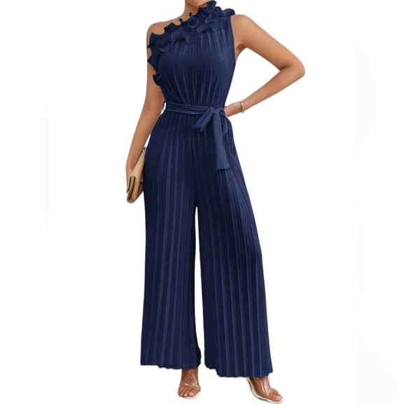 Navy Blue Pleated Asymmetrical Neckline Sleeveless Jumpsuit - Picture 3 of 6
